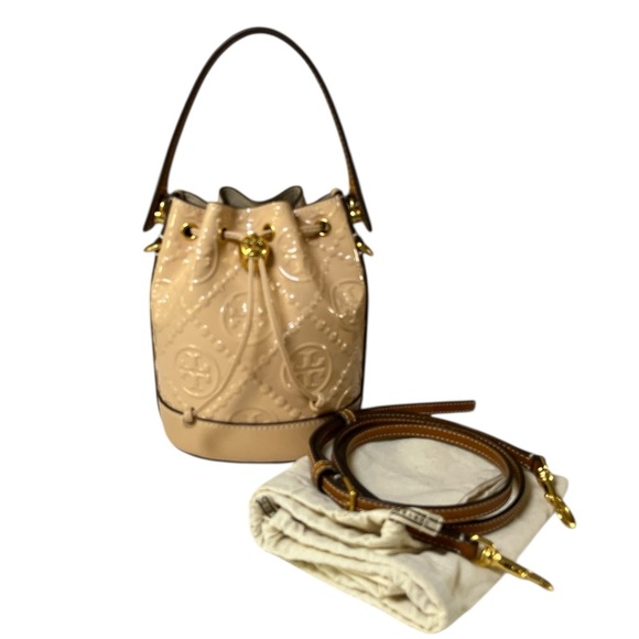 Tory Burch Mini T Monogram Bucket Bag Warm Chai Patent Leather w/Dust Bag - Picture 3 of 16
